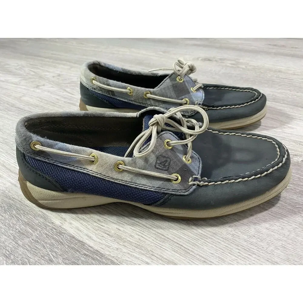 Sperry Top Sider Navy Blue Plaid Boat Shoes Loafers Leather Upper Size 7M